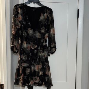 AllSaints Black Floral Wrap Mini Dress with Blush and Cream Flowers